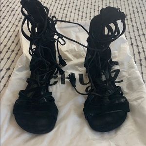 SCHUTZ black suede tie-up sandals with zip back